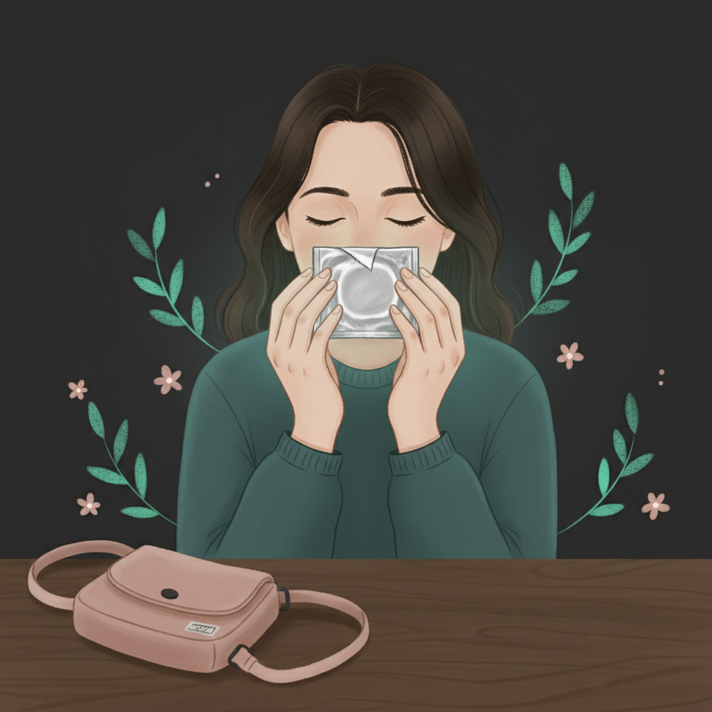 Illustration: Sniffing an isopropyl alcohol pad to calm sudden nausea